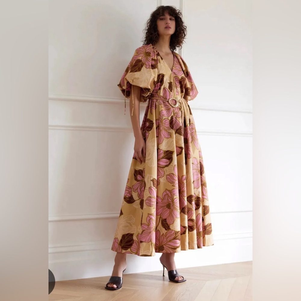 NWT KINNEY Maxi Dress with Pink Floral Print on Tan Background